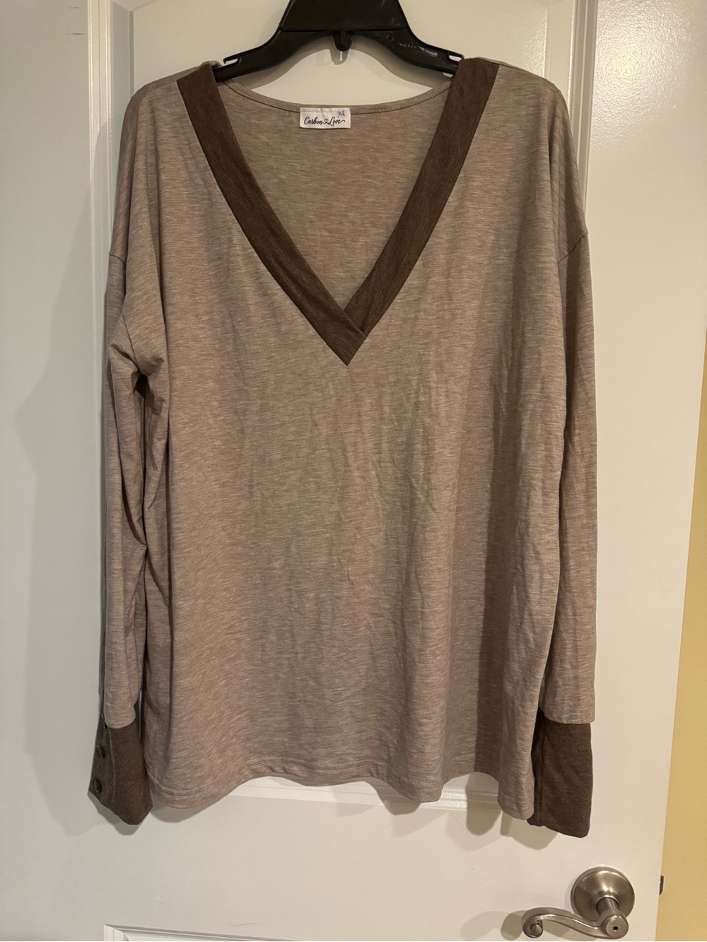 Carbon Love Beige V-Neck Long Sleeve Top with Brown Trim